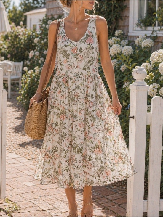 Frye Dresses & Skirts - Frye Cream Floral Cottagecore Scoop-Neck Sleeveless Midi Dress with Pockets